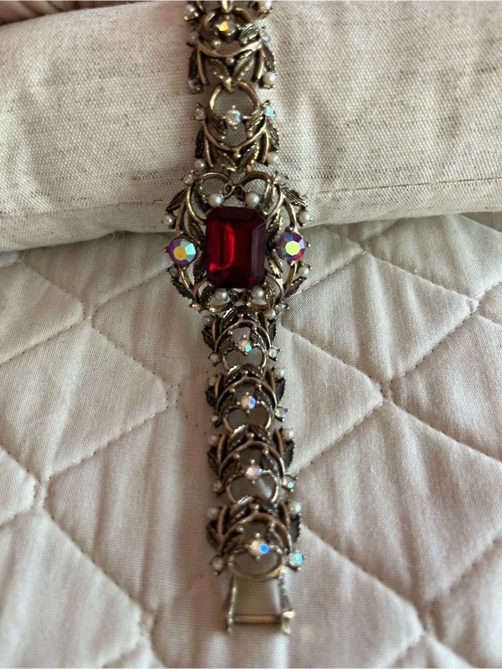 Vintage Antiqued Gold Tone Statement Bracelet with Red Rhinestone and Pearls - Picture 4 of 7